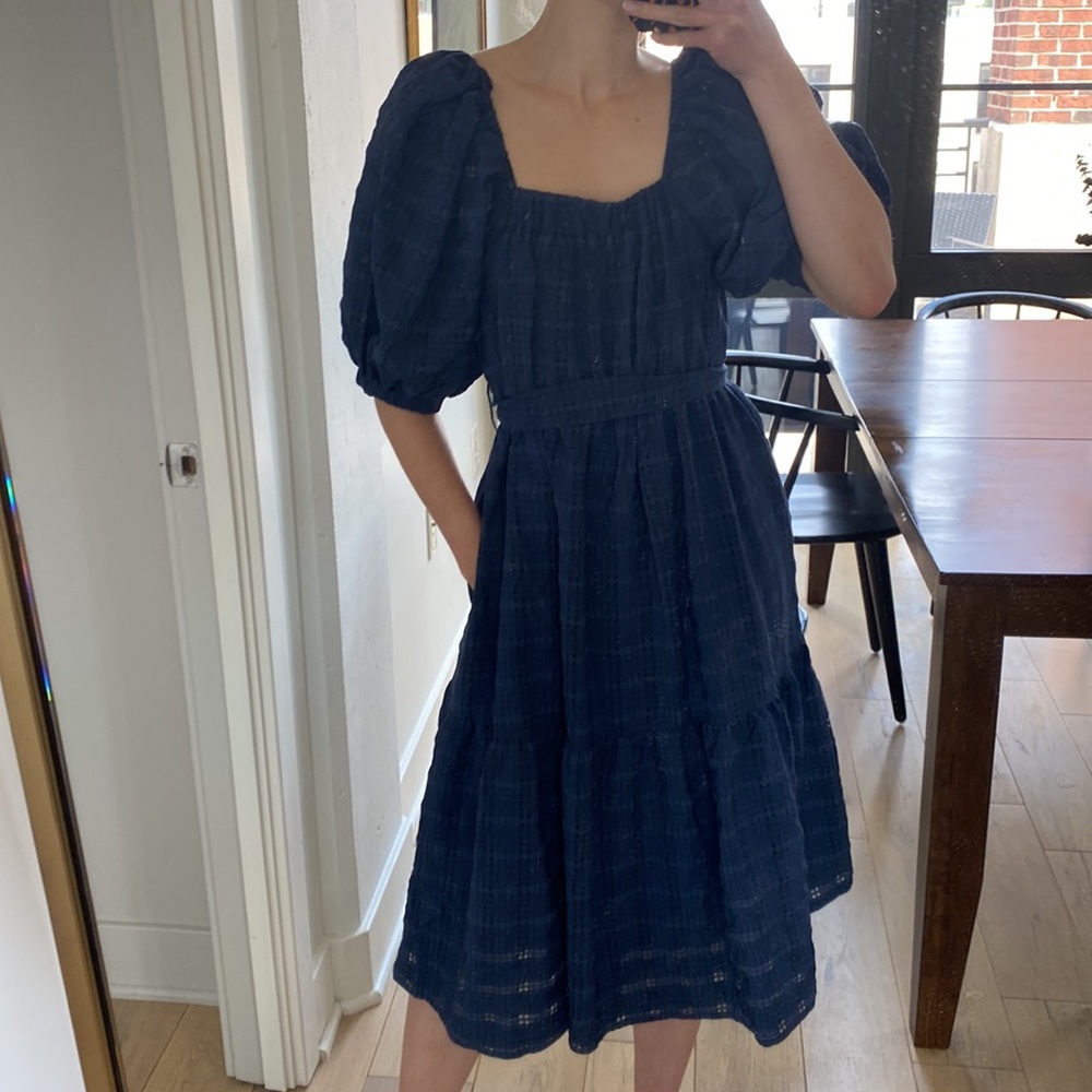 Moon River Blue Check Puff Sleeve Midi Dress
